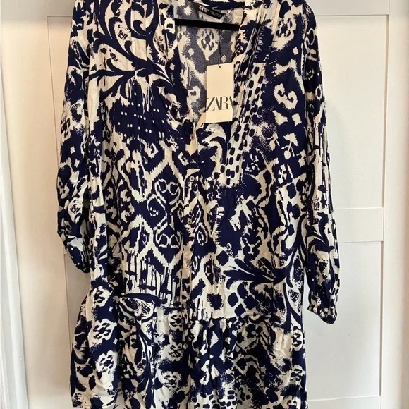 Zara boho navy and white flowy dress size XS NWT - Picture 2 of 4